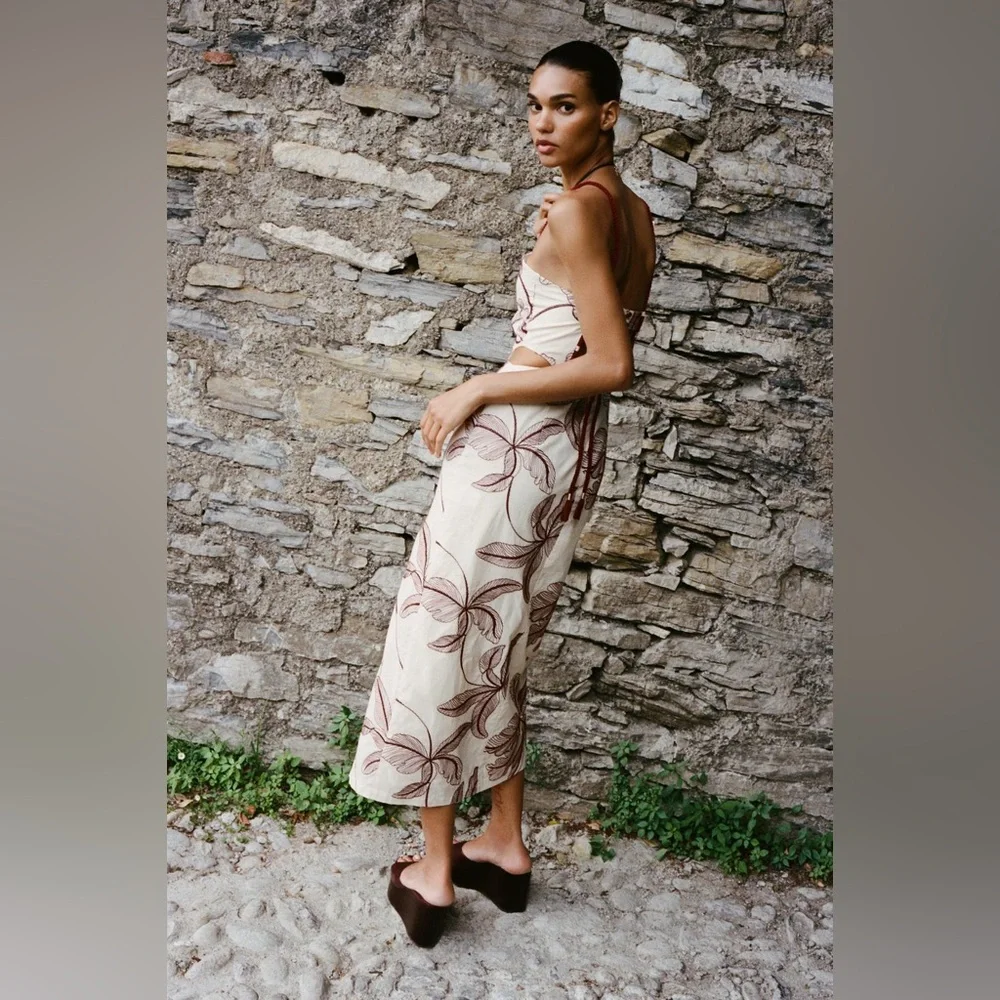 Zara Floral Embroidered Cut Out Midi Braided Straps Resort Wear Dress (Small) - Picture 4 of 11